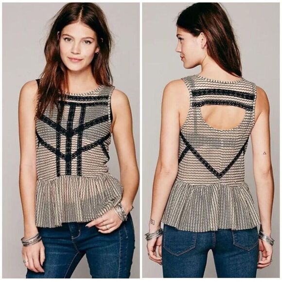 Free People Lace & Stripe Peplum Top in Black & Toasted Almond medium - Picture 1 of 7